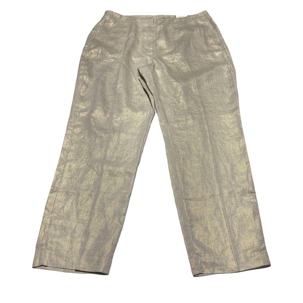 Chicos Ultimate Fit Ankle Pants 100% Linen Size 1.5 M 10 Gold Foil Coated NWT